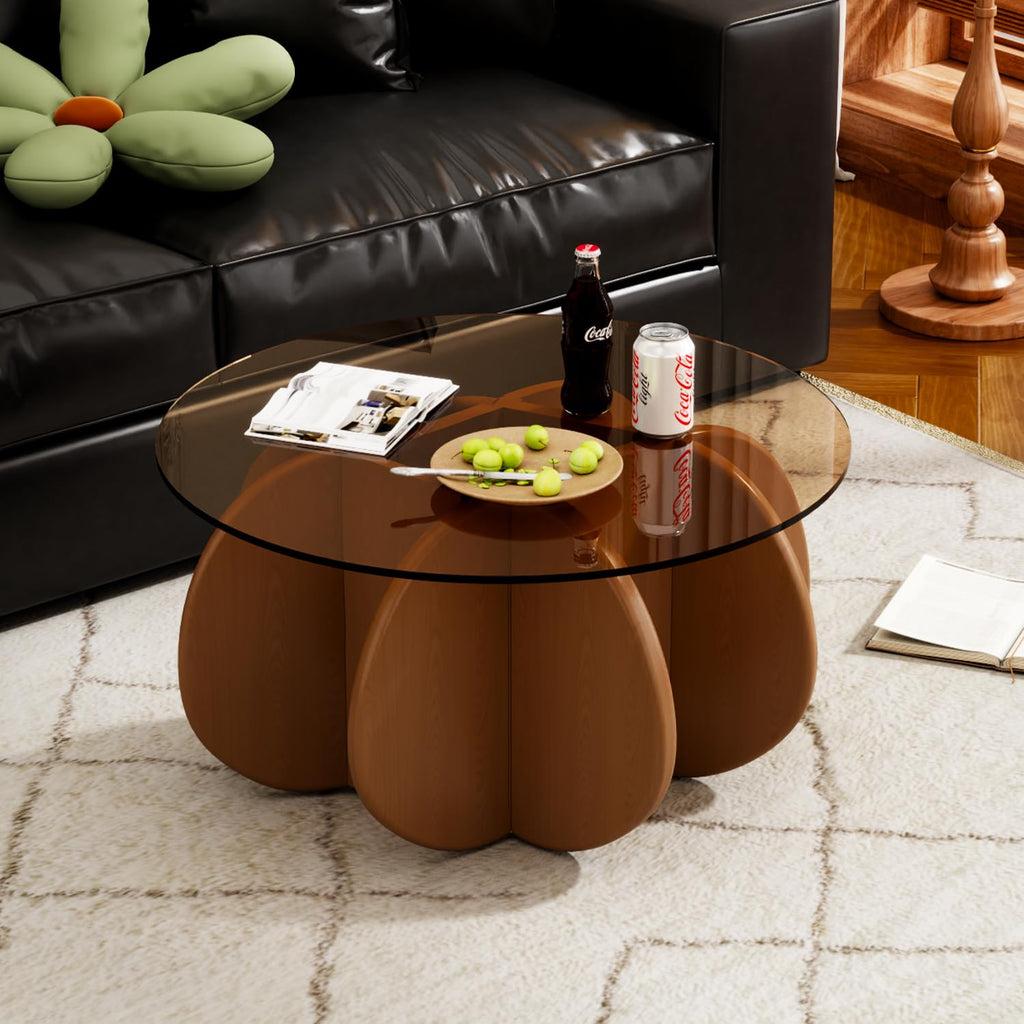 31.5'' Round Coffee Table with Tempered Glass Top, Modern Center Table for Small Spaces - Sturdy Walnut Board Frame, Simple Design for Living Room, Home, Office - Easy Assembly. (Walnut + Brown)