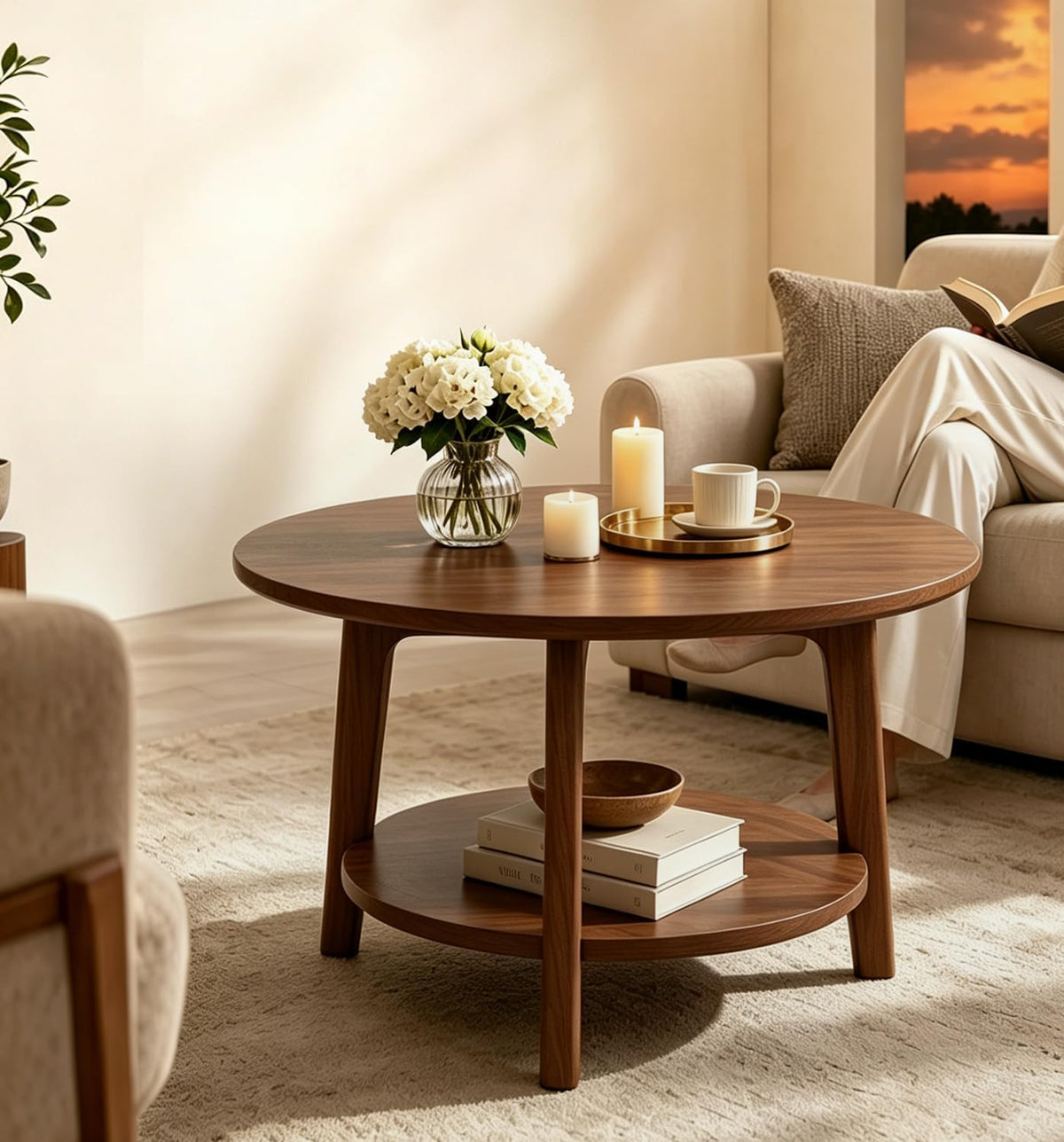 2-Tier Round Coffee Table, 28ââ Wood Nesting Side Table with Storage Shelf, Natural Walnut Wood Tables for Living Room, Space Saving Accent Table