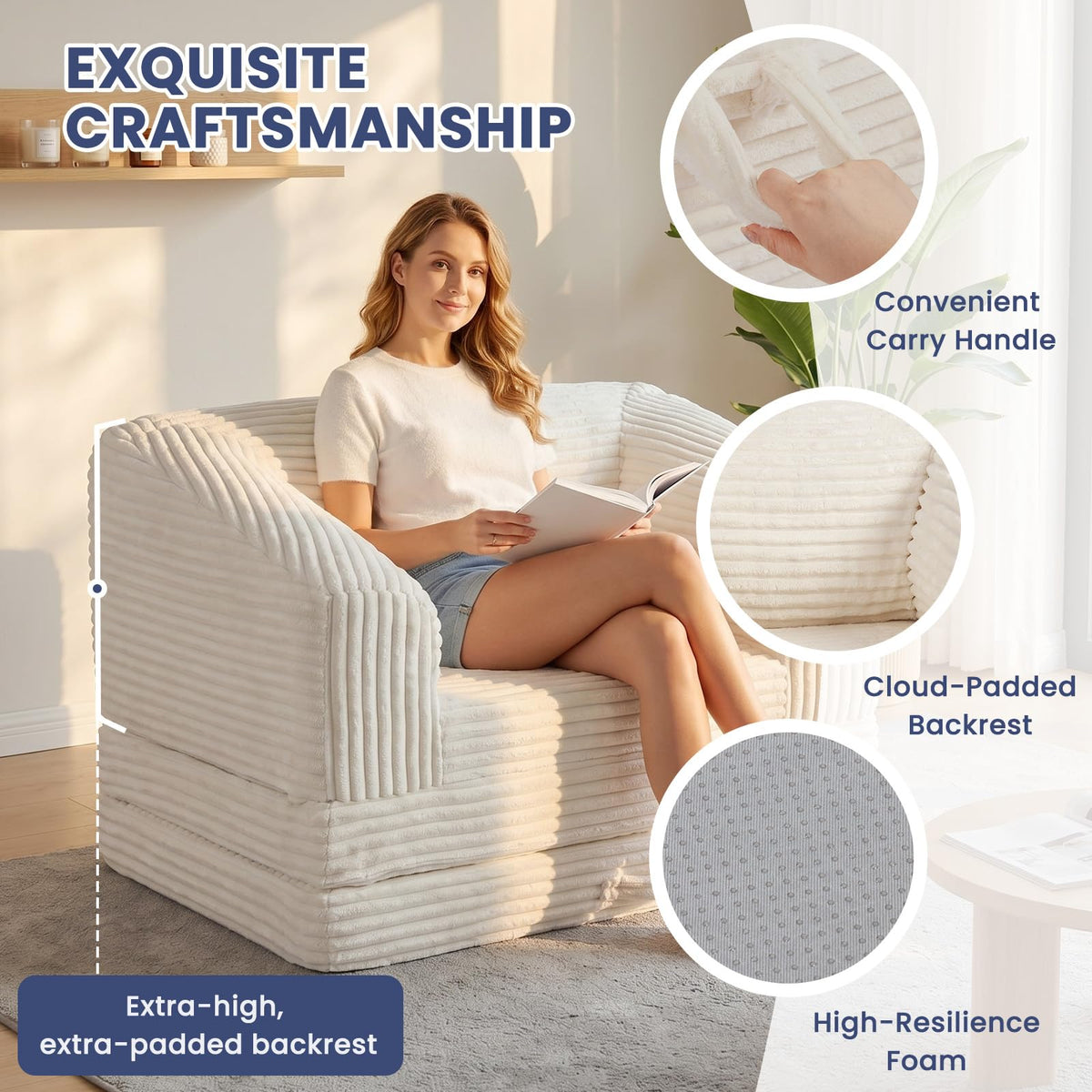 Convertible Folding Sofa Bed, 2-in-1 Single Boneless Sofa with Soft Corduroy & Ultra-Thick Backrest, Foldable Boneless Chair Lounger Sleeper Sofa for Small Apartment, Living Room, Home Office