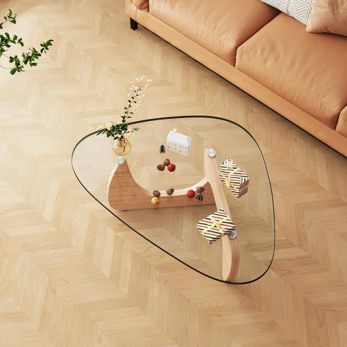 Coffee Tables Glass Small Farmhouse Coffee Table Mid-Century Modern Wood Center Table for Living Room, Walnut Transparent, 32 Inch