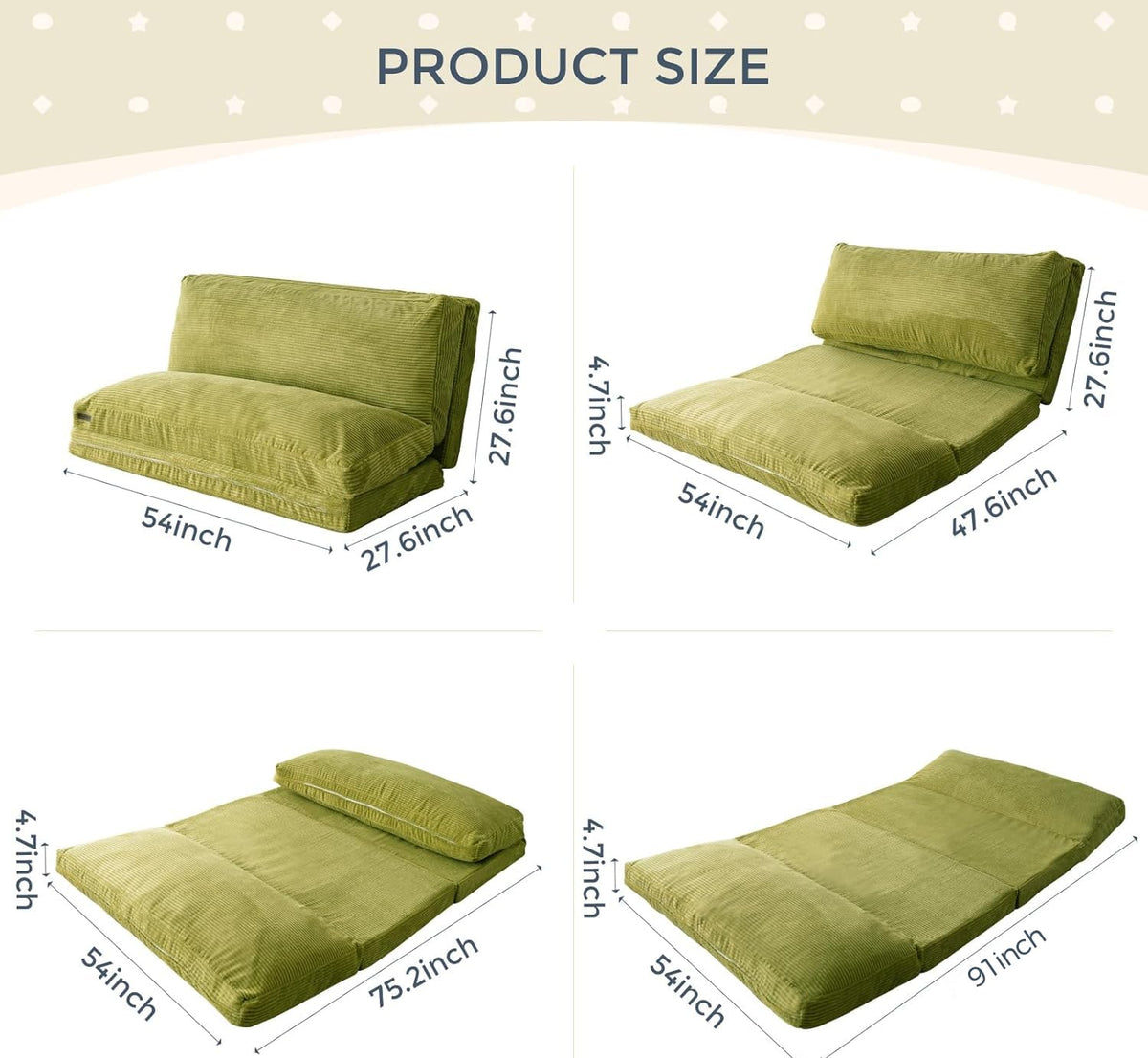 MAXYOYO Folding Sofa Bed, Extra Thick and Long Floor Sofa Convertible Chair with Washable Cover, Floor Couch Lounge Bean Bag Bed for Living Room, Dark Grey, 54x91 Inch