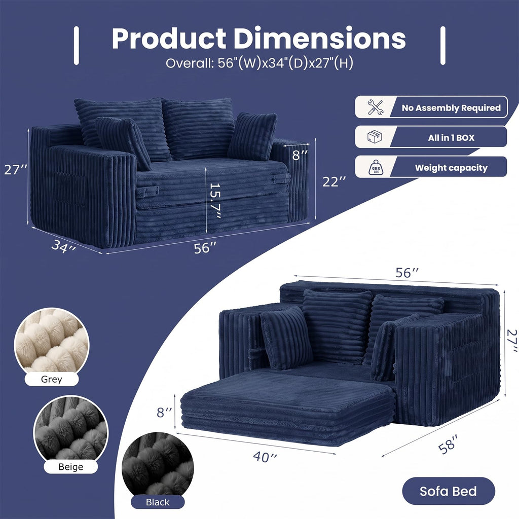 3-in-1 Convertible Sofa Bed: Boneless Loveseat Sleeper & Folding Couch Bed with 4 Pillows & Detachable Cushion, Furry Futon Couch for Bedroom, Apartment, Office and Living Room, No Assembly, Orange