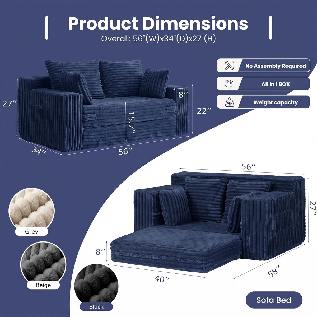 3-in-1 Convertible Sofa Bed: Boneless Loveseat Sleeper & Folding Couch Bed with 4 Pillows & Detachable Cushion, Furry Futon Couch for Bedroom, Apartment, Office and Living Room, No Assembly, Orange
