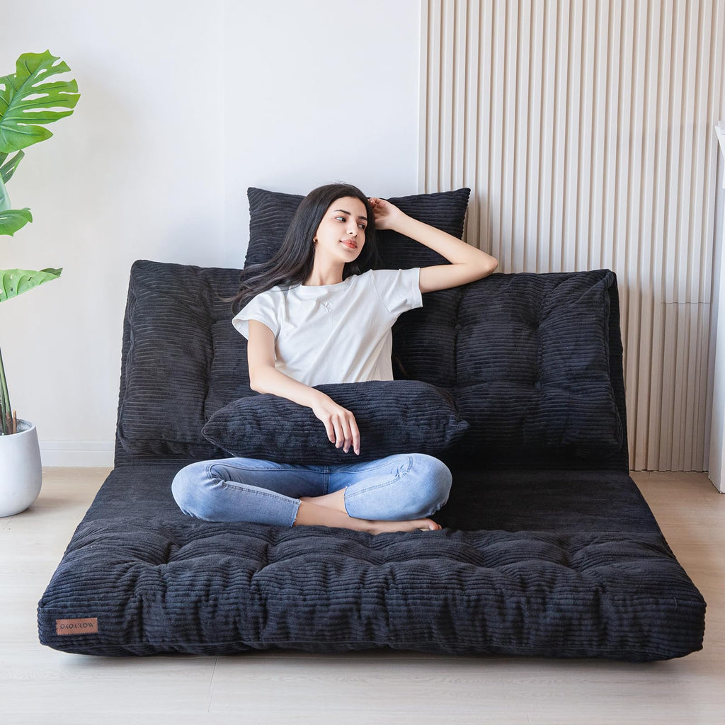 MAXYOYO Folding Sofa Bed, Extra Thick and Long Floor Sofa Convertible Chair with Washable Cover, Floor Couch Lounge Bean Bag Bed for Living Room, Dark Grey, 54x91 Inch