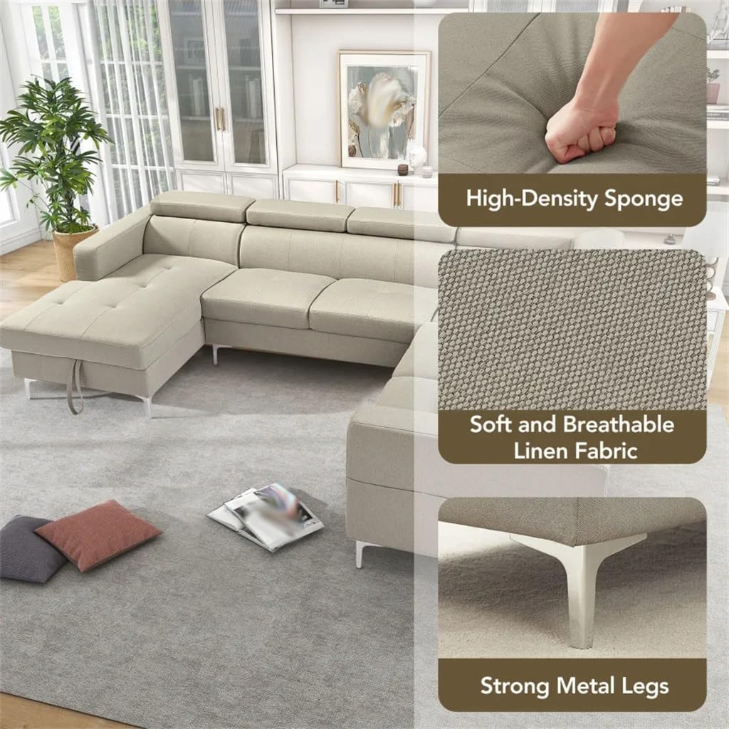 120'* 94.5" 3-Piece Sectional Sofa U Shape with Storage Left Chaise Lounge with Adjustment Linen Fabric