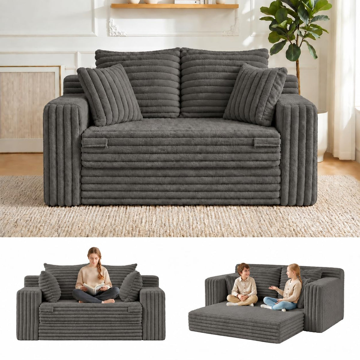 3-in-1 Convertible Sofa Bed: Boneless Loveseat Sleeper & Folding Couch Bed with 4 Pillows & Detachable Cushion, Furry Futon Couch for Bedroom, Apartment, Office and Living Room, No Assembly, Orange