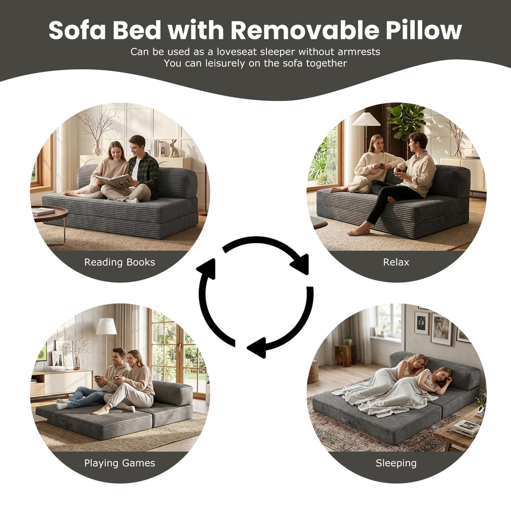 55" Small Boneless Couch, 3-in-1 Boneless Loveseat Sleeper Sofa Bed Convertible Sofa Bed with 4 Pillows, Black Corduroy Boneless Couch for Living Room, Guest Room, Small Space, No Assembly Required