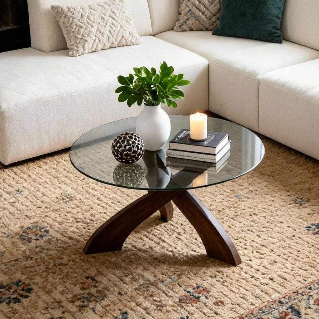 Honyee Glass Coffee Table, 30.7â Round Coffee Table with Tempered Glass Top, Walnut Wood X-Shaped Base, Stable Modern Center Table for Living Room, Apartment and Small Spaces