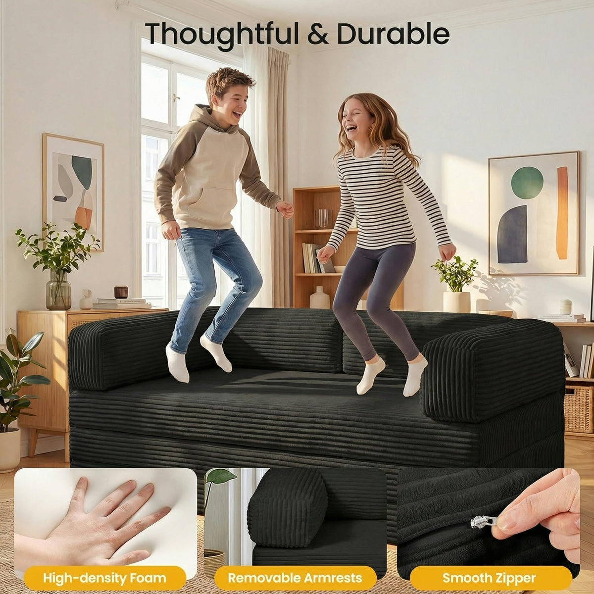 Erament Futon Sofa Bed Queen, Convertible Tri Folding Mattress Foldable with Removable Armrests & Washable Cover, 5-Inch Floor Mattress with High-Density Foam, Small Pull Out Couch Bed, Beige