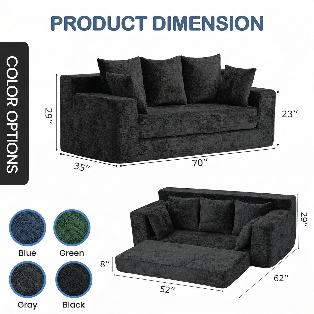 55" Small Boneless Couch, 3-in-1 Boneless Loveseat Sleeper Sofa Bed Convertible Sofa Bed with 4 Pillows, Black Corduroy Boneless Couch for Living Room, Guest Room, Small Space, No Assembly Required