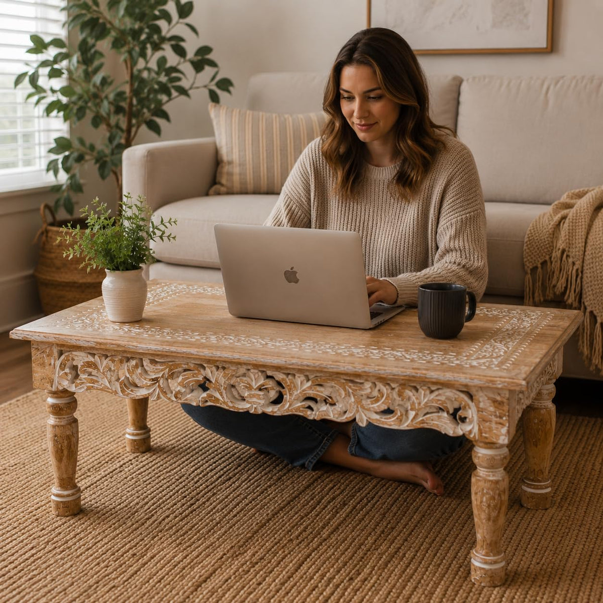 Farmhouse Coffee Table, Jali Carving, 36x24x18 in, Burnt