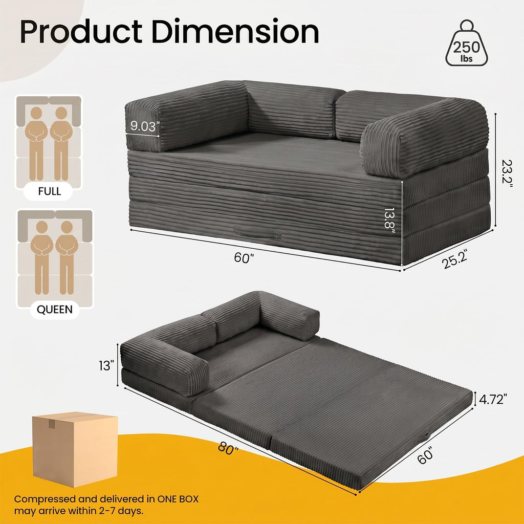 Erament Futon Sofa Bed Queen, Convertible Tri Folding Mattress Foldable with Removable Armrests & Washable Cover, 5-Inch Floor Mattress with High-Density Foam, Small Pull Out Couch Bed, Beige