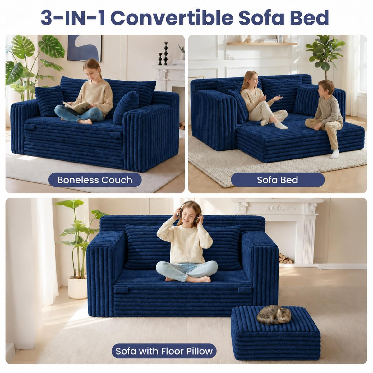 3-in-1 Convertible Sofa Bed: Boneless Loveseat Sleeper & Folding Couch Bed with 4 Pillows & Detachable Cushion, Furry Futon Couch for Bedroom, Apartment, Office and Living Room, No Assembly, Orange
