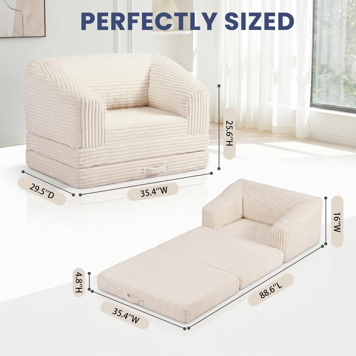 Convertible Folding Sofa Bed, 2-in-1 Single Boneless Sofa with Soft Corduroy & Ultra-Thick Backrest, Foldable Boneless Chair Lounger Sleeper Sofa for Small Apartment, Living Room, Home Office