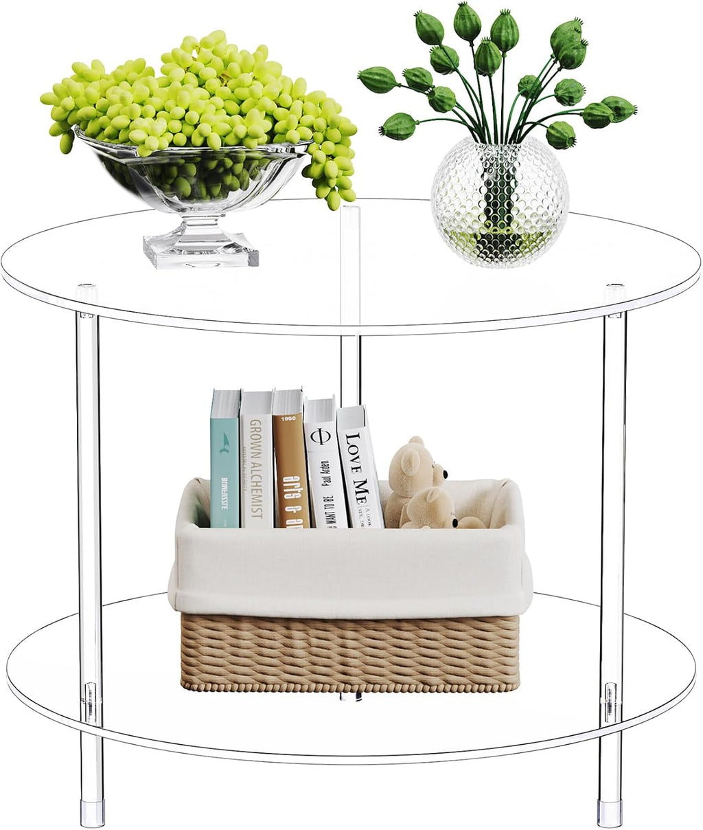 Clear Round Acrylic Coffee Table with Storage, 23.6" L x 23.6" W x 18.4" H, 2 Tier Modern Lucite Center Side End Tables for Living Room, Thicken Sturdy Transparent Circle Accent Tea Table 0041