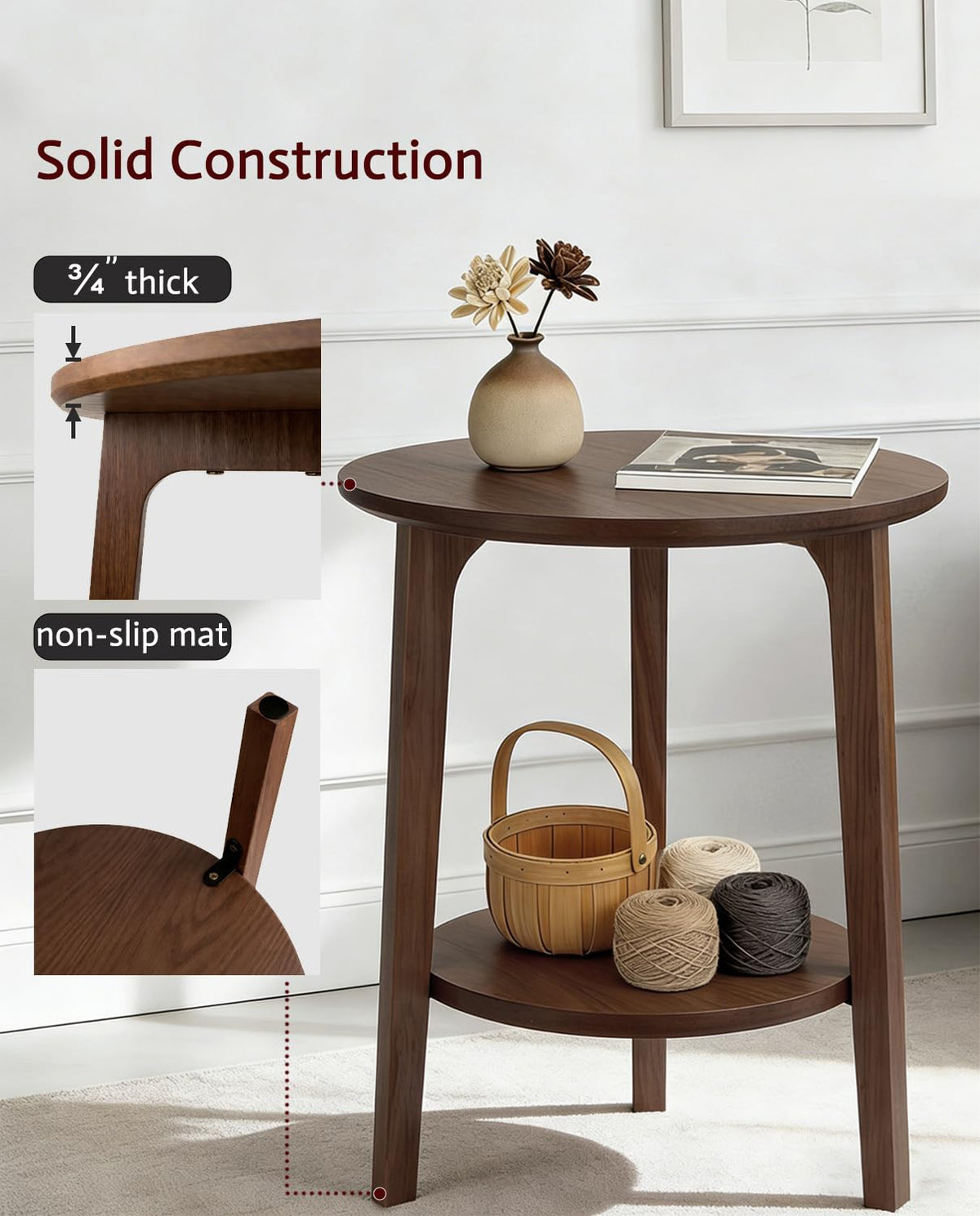 2-Tier Round Coffee Table, 28ââ Wood Nesting Side Table with Storage Shelf, Natural Walnut Wood Tables for Living Room, Space Saving Accent Table