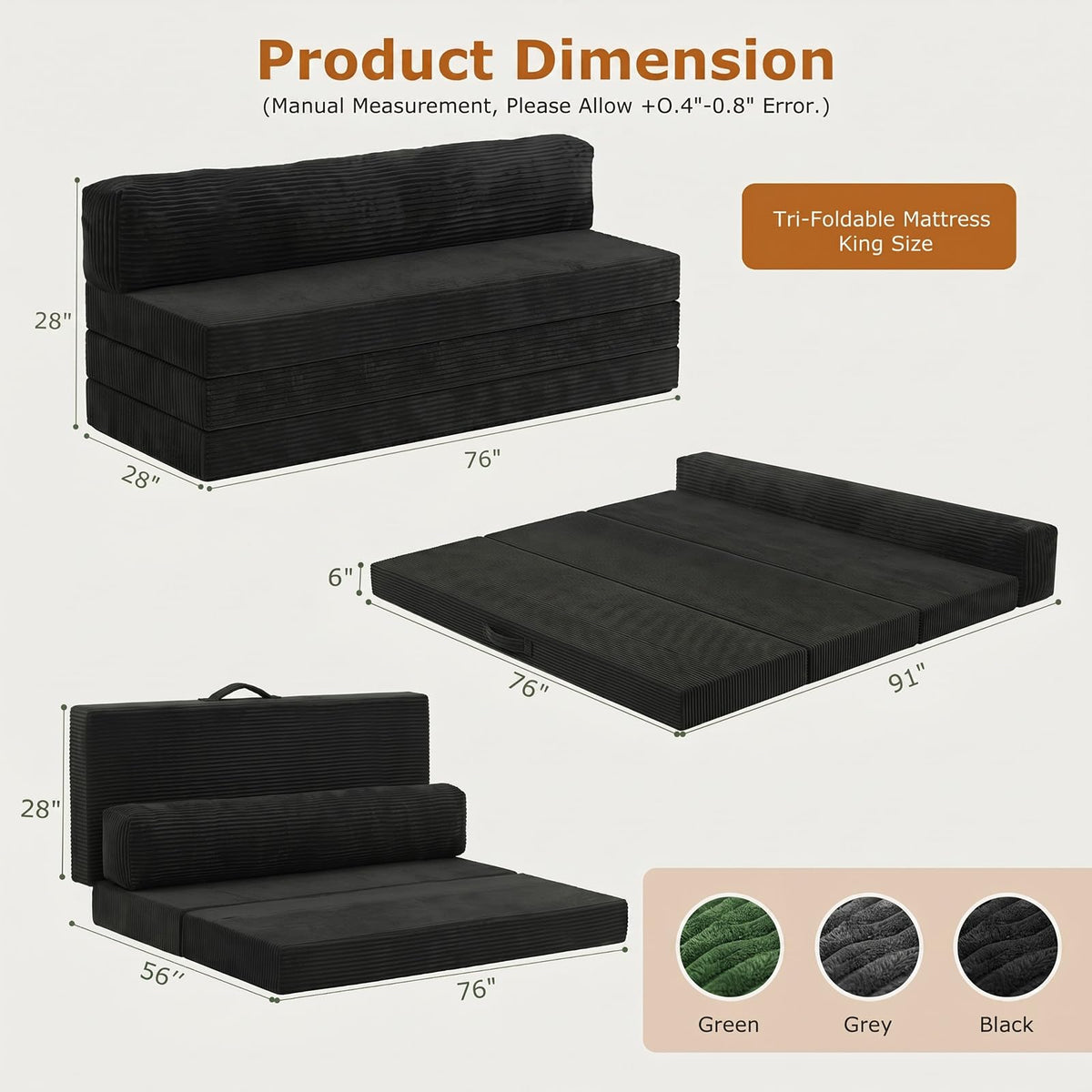 JUIKURY 6 Inch Tri-Fold Memory Foam Mattress Queen Size, 5 in 1 Convertible Sofa Bed, Foldable Floor Futon Sleeper Couch with Washable Cover & High-Density Foam, Portable Guest Bed for Living Room