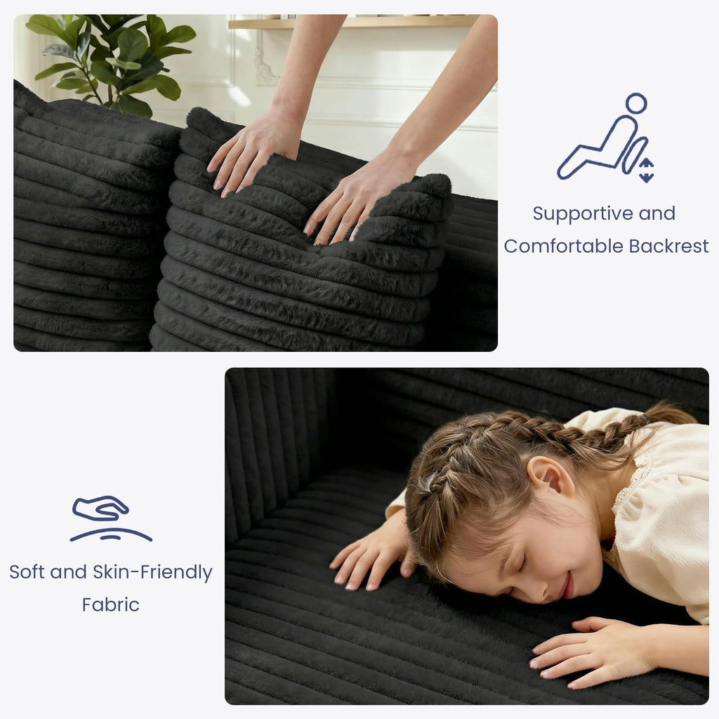 3-in-1 Convertible Sofa Bed: Boneless Loveseat Sleeper & Folding Couch Bed with 4 Pillows & Detachable Cushion, Furry Futon Couch for Bedroom, Apartment, Office and Living Room, No Assembly, Orange
