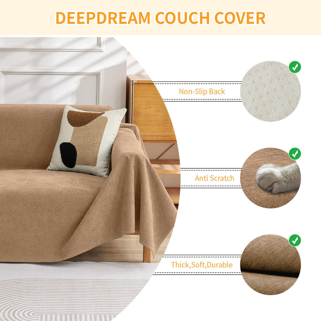 Deep Dream Cat-Scratch Resistant Couch Cover, Waterproof Sofa Cover for 3 Cushion Couch Washable, Pet Friendly Couch Protectors Anti Slip Thickened Sofa Slipcovers for Dogs Pets, 91" x 150", Brown