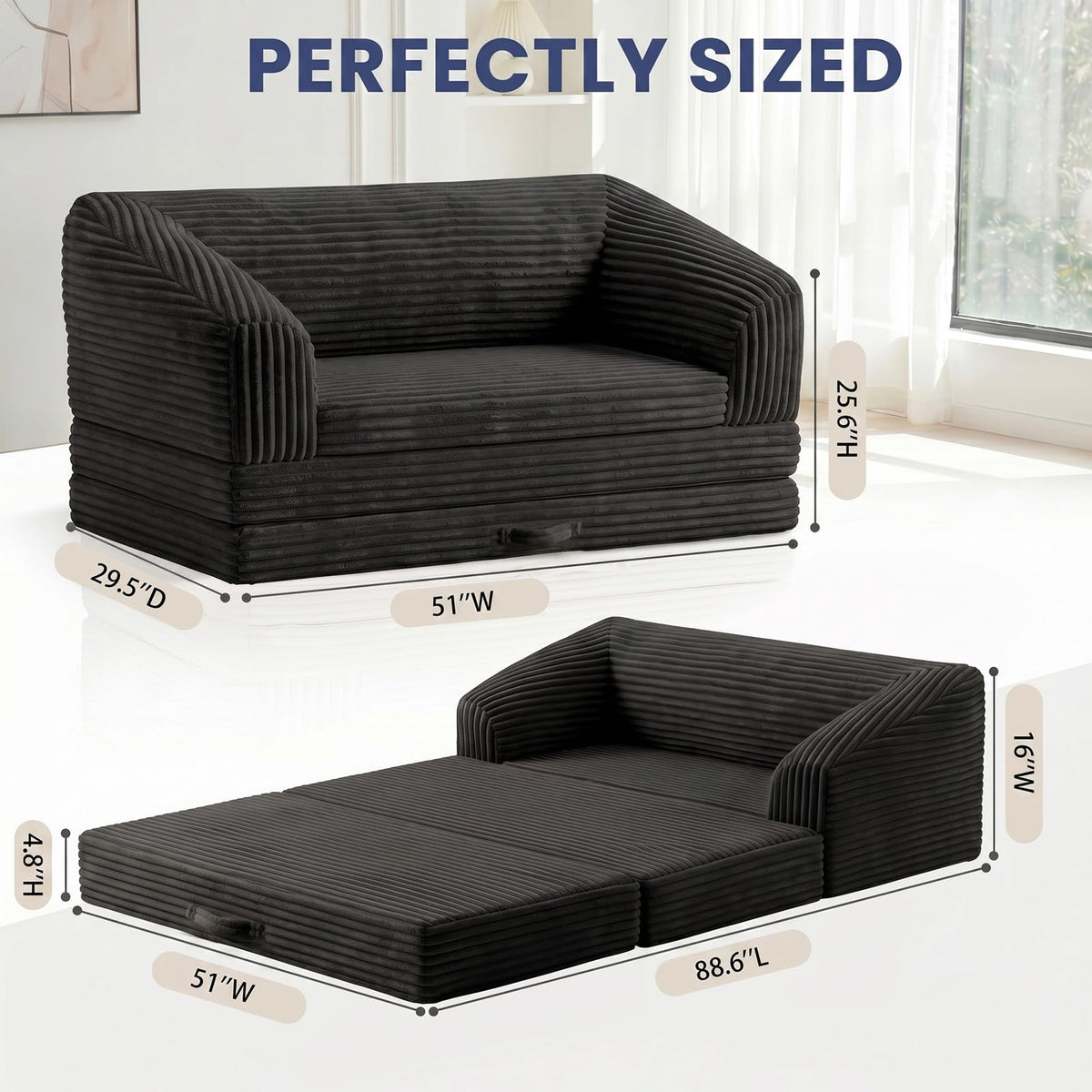 Convertible Folding Sofa Bed, 2-in-1 Single Boneless Sofa with Soft Corduroy & Ultra-Thick Backrest, Foldable Boneless Chair Lounger Sleeper Sofa for Small Apartment, Living Room, Home Office