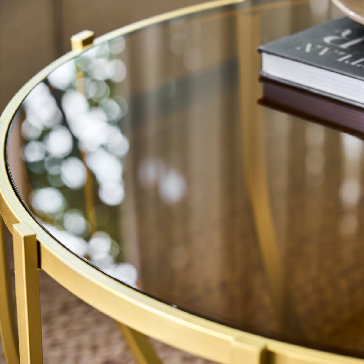 Saint Mossi Gold Round Coffee Table with Clear Glass Top and Glass Shelf