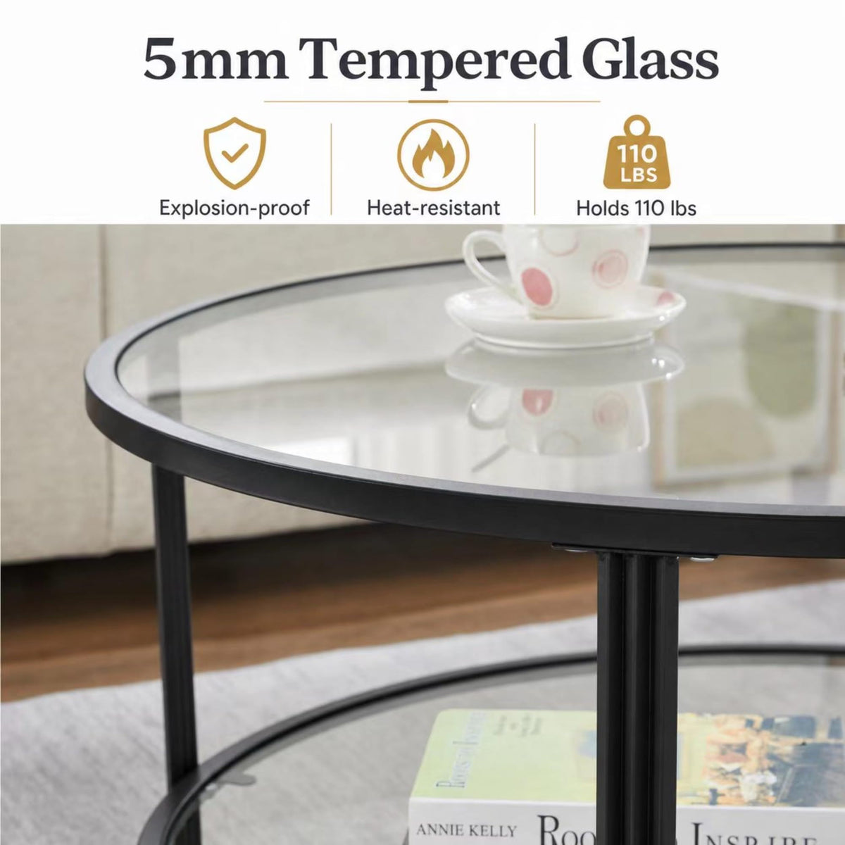 36" Round Glass Coffee Table,Gold Circle Coffee Table with Storage