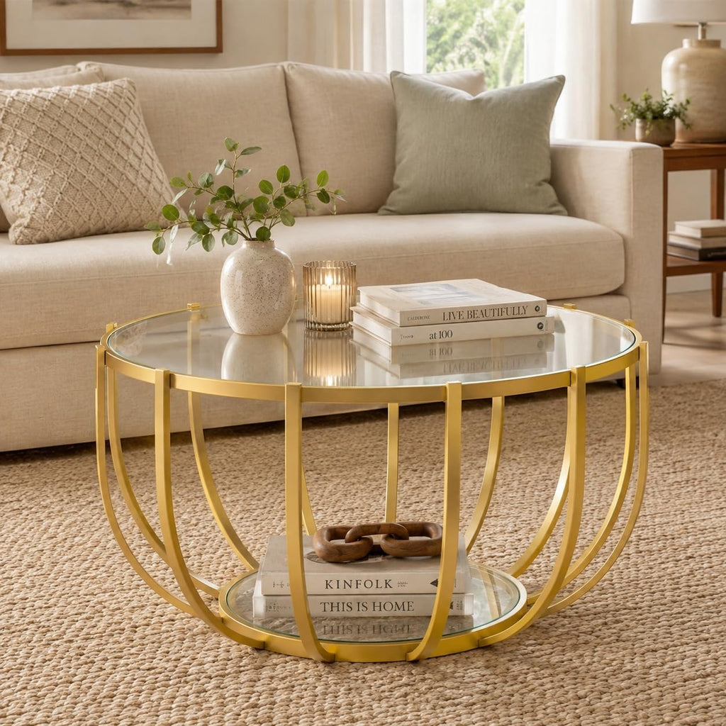 Saint Mossi Gold Round Coffee Table with Clear Glass Top and Glass Shelf