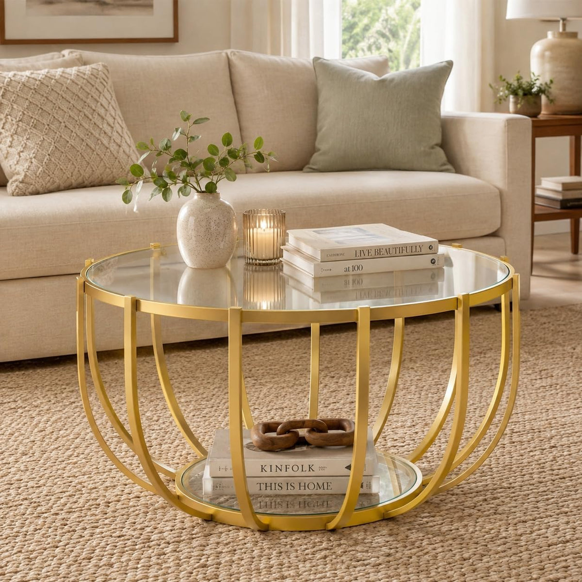 Saint Mossi Gold Round Coffee Table with Clear Glass Top and Glass Shelf