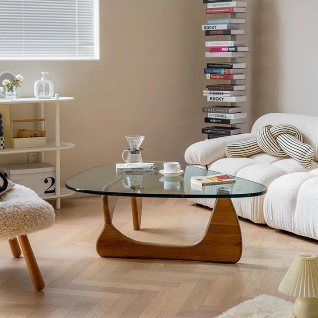 EASYSOUL Modern Glass Coffee Table, 32.68" D x 22.44" W x 15.75" H, Abstract Round Tea Tables for Living Room Home Office Industrial Cocktail Tables (Walnut-Brown Glass, 32.68")