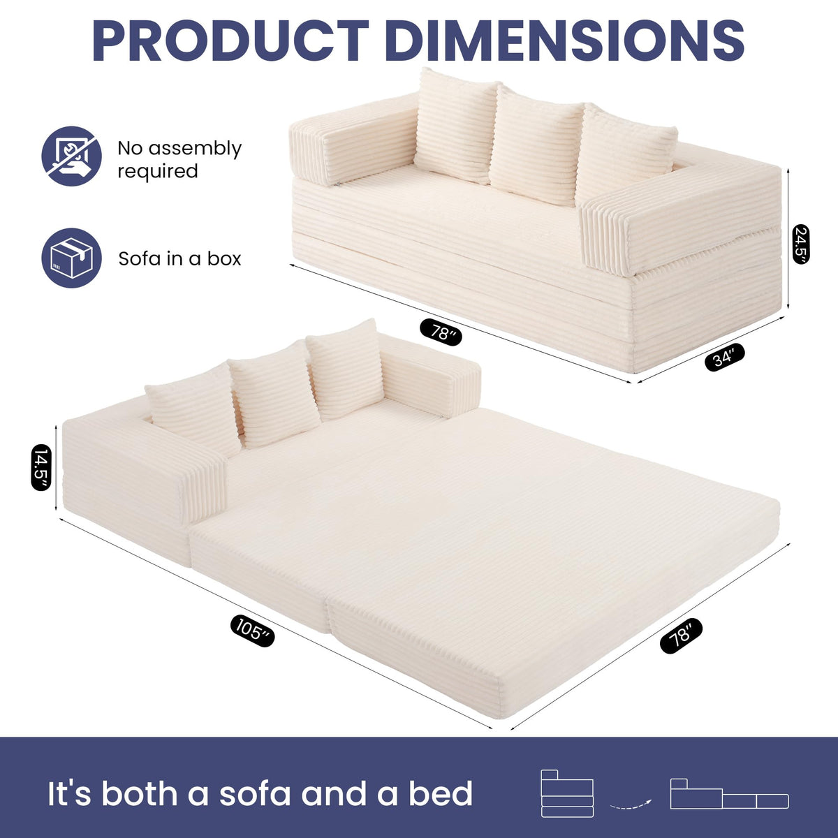 Convertible Sofa Bed, 4-in-1 Boneless Loveseat with Removable Armrests Backrest, Corduroy Futon Couch Bed with Pillow, Foldable Mattress Sleeper Sofa for Living Room Bedroom Small Place (Beige)
