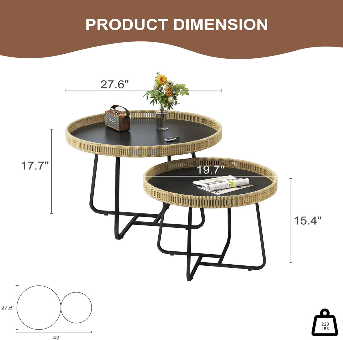 Round Nesting Coffee Table Set of 2, 27.6"+19.7" Nesting Side Tables with Woven Edge and Metal Frame, Modern Circle End Tables for Living Room Bedroom Office Balcony Yard Patio Indoor Outdoor