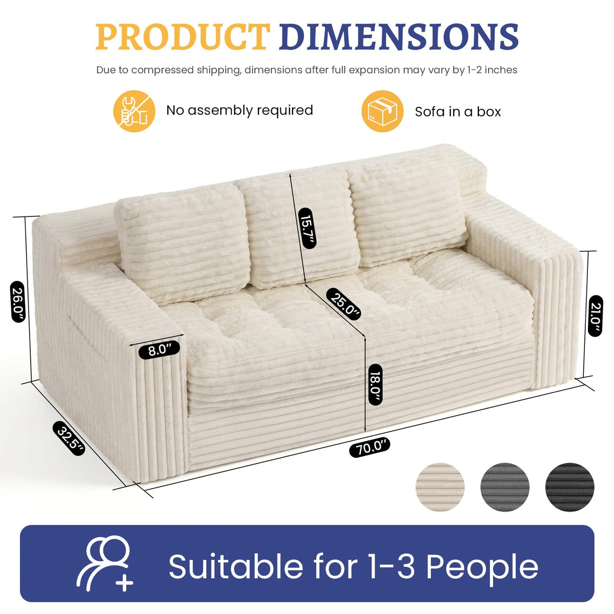 Boneless Couch, Cloud Loveseat Sofa Corduroy Couch in a Box, Upholstered Boneless 3 Seater Couch for Living Room Bedroom Office Apartment