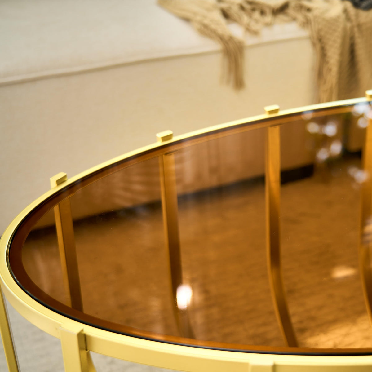 Saint Mossi Gold Round Coffee Table with Clear Glass Top and Glass Shelf