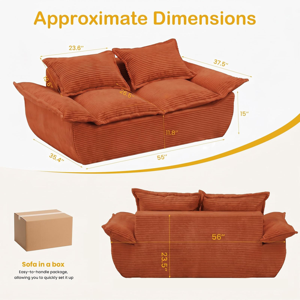 56" Boneless Loveseat, 2-Seater Black Boneless Sofa with Removable Cushions & 2 Pillows, Small Mini Couch Boneless Foam Sofa for Living Room, Apartments, & Office