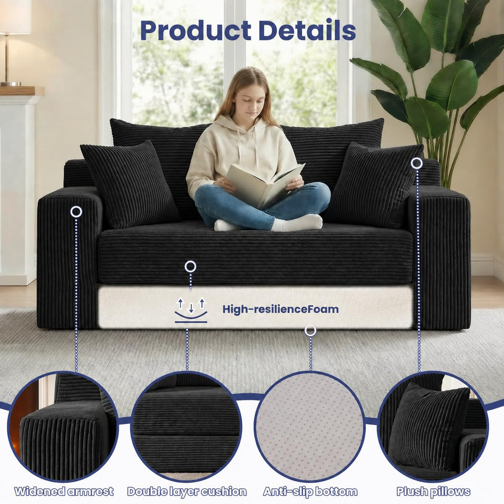 3-in-1 Convertible Sofa Bed: Boneless Loveseat Sleeper & Folding Couch Bed with 4 Pillows & Detachable Cushion, Furry Futon Couch for Bedroom, Apartment, Office and Living Room, No Assembly, Orange