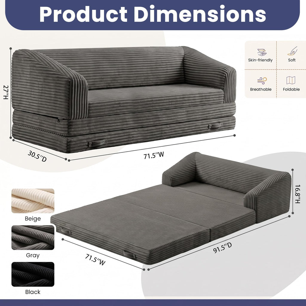 JUIKURY Convertible Sofa Bed, 3-in-1 Foldable Loveseat Couch with Armrest, Corduroy Floor Sofa & Sleeper Bed, No Assembly High-Density Foam Futon Mattress for Living Room, Small Apartment, Dorm