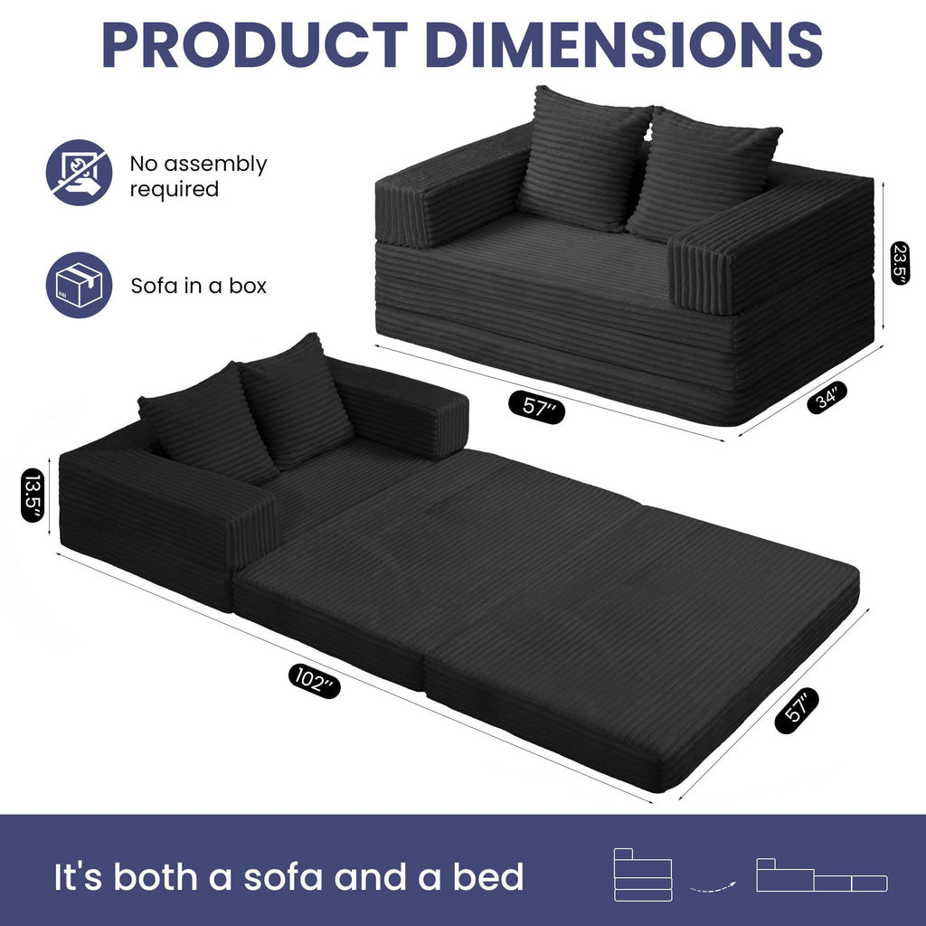 Convertible Sofa Bed, 4-in-1 Boneless Loveseat with Removable Armrests Backrest, Corduroy Futon Couch Bed with Pillow, Foldable Mattress Sleeper Sofa for Living Room Bedroom Small Place (Beige)