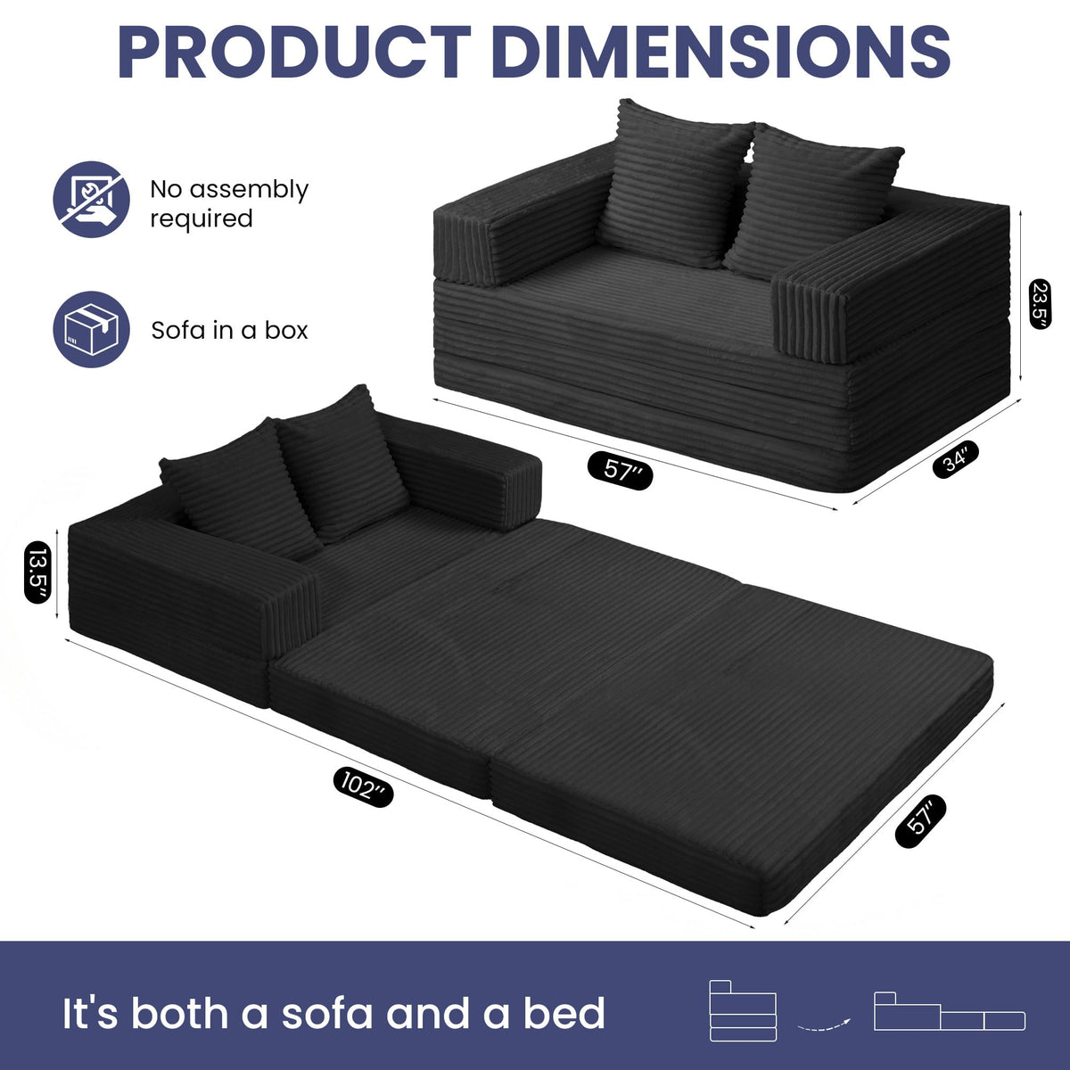 Convertible Sofa Bed, 4-in-1 Boneless Loveseat with Removable Armrests Backrest, Corduroy Futon Couch Bed with Pillow, Foldable Mattress Sleeper Sofa for Living Room Bedroom Small Place (Beige)