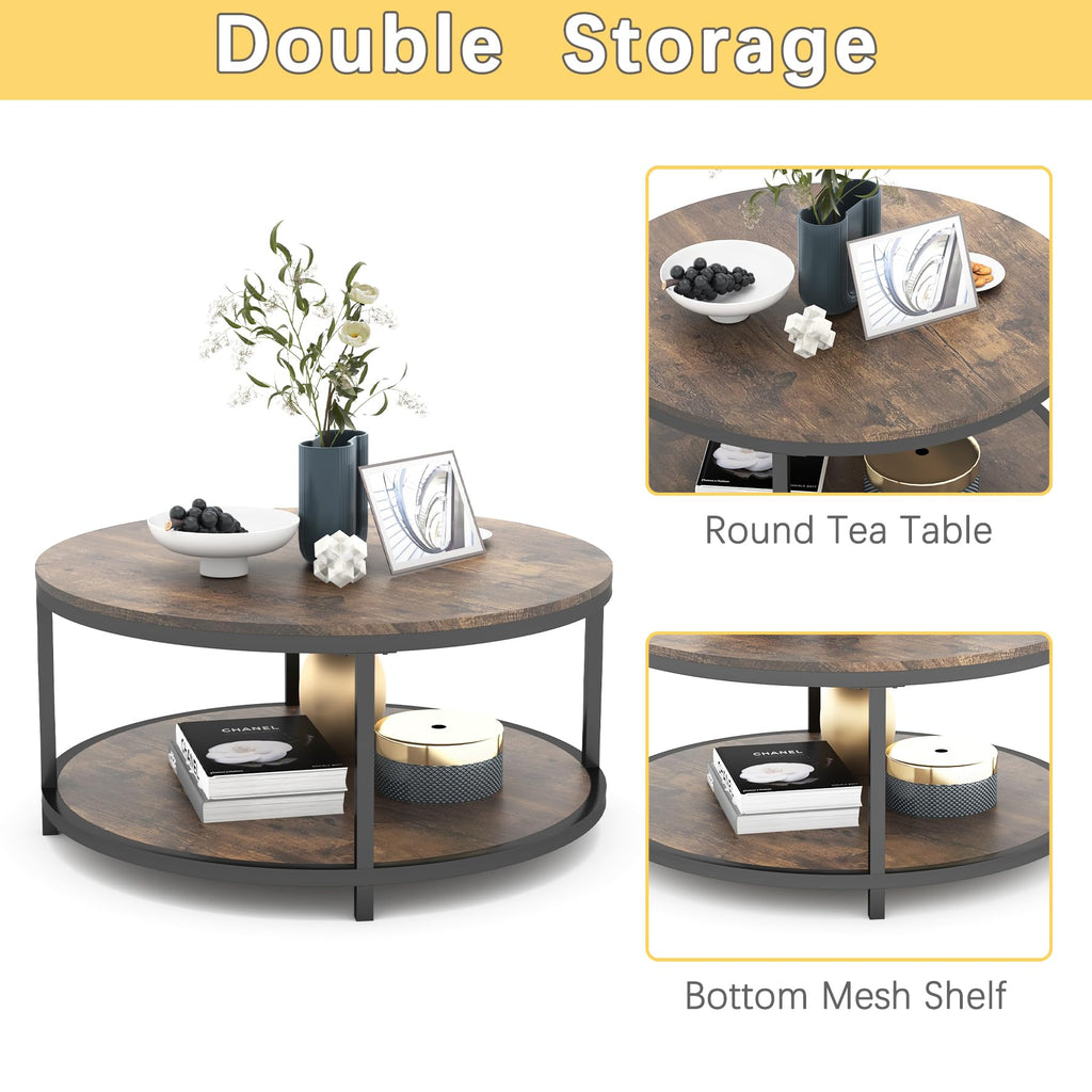 NSdirect Round Coffee Table,36" Coffee Table for Living Room,2-Tier Rustic Wood Desktop with Storage Shelf Modern Design Home Furniture(Light Walnut)