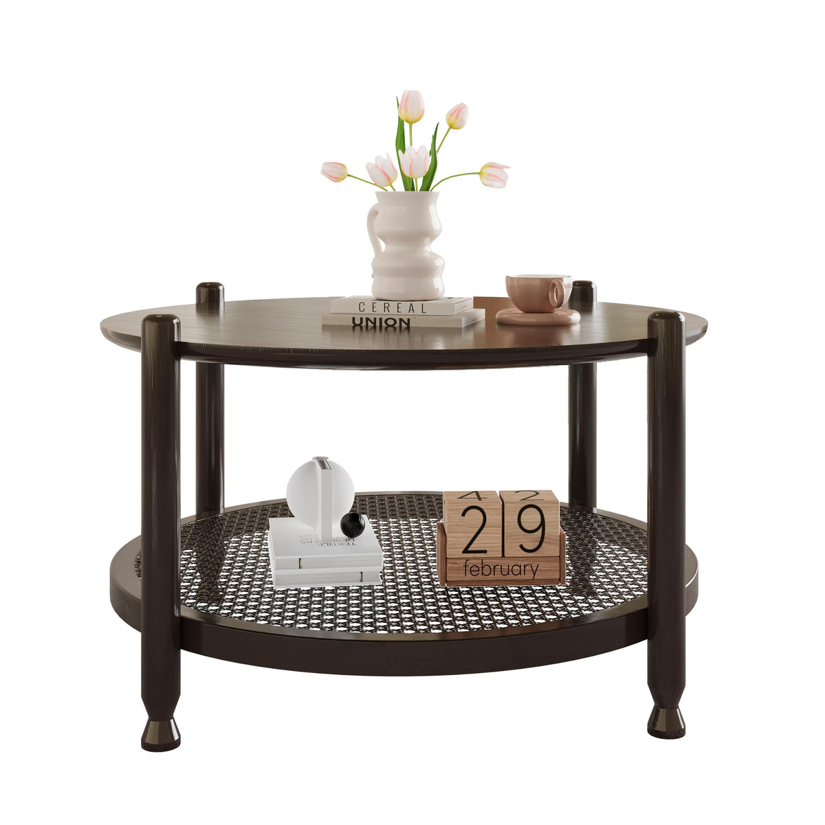 NSdirect Round Coffee Table,36" Coffee Table for Living Room,2-Tier Rustic Wood Desktop with Storage Shelf Modern Design Home Furniture(Light Walnut)