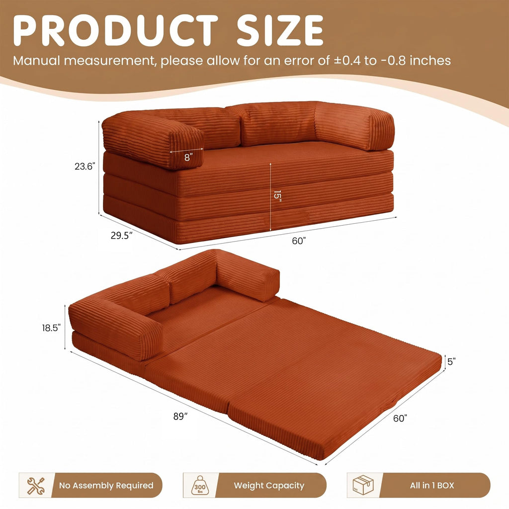 Convertible Sofa Bed Queen,5-in-1 Boneless Couch with Removable Armrests & Handle,Corduroy Futon Sleeper Sofa,Floor Folding Mattress Pull Out Bed for Small Space Apartment Living Room Bedroom,Green