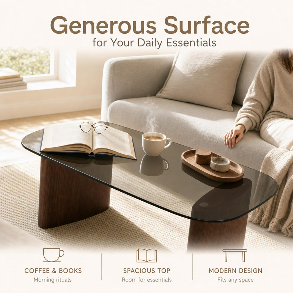 Honyee Glass Coffee Table, 30.7â Round Coffee Table with Tempered Glass Top, Walnut Wood X-Shaped Base, Stable Modern Center Table for Living Room, Apartment and Small Spaces