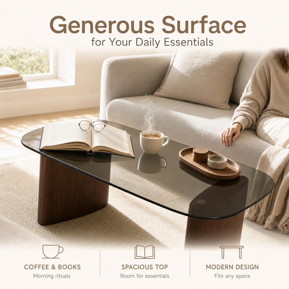 Honyee Glass Coffee Table, 30.7â Round Coffee Table with Tempered Glass Top, Walnut Wood X-Shaped Base, Stable Modern Center Table for Living Room, Apartment and Small Spaces