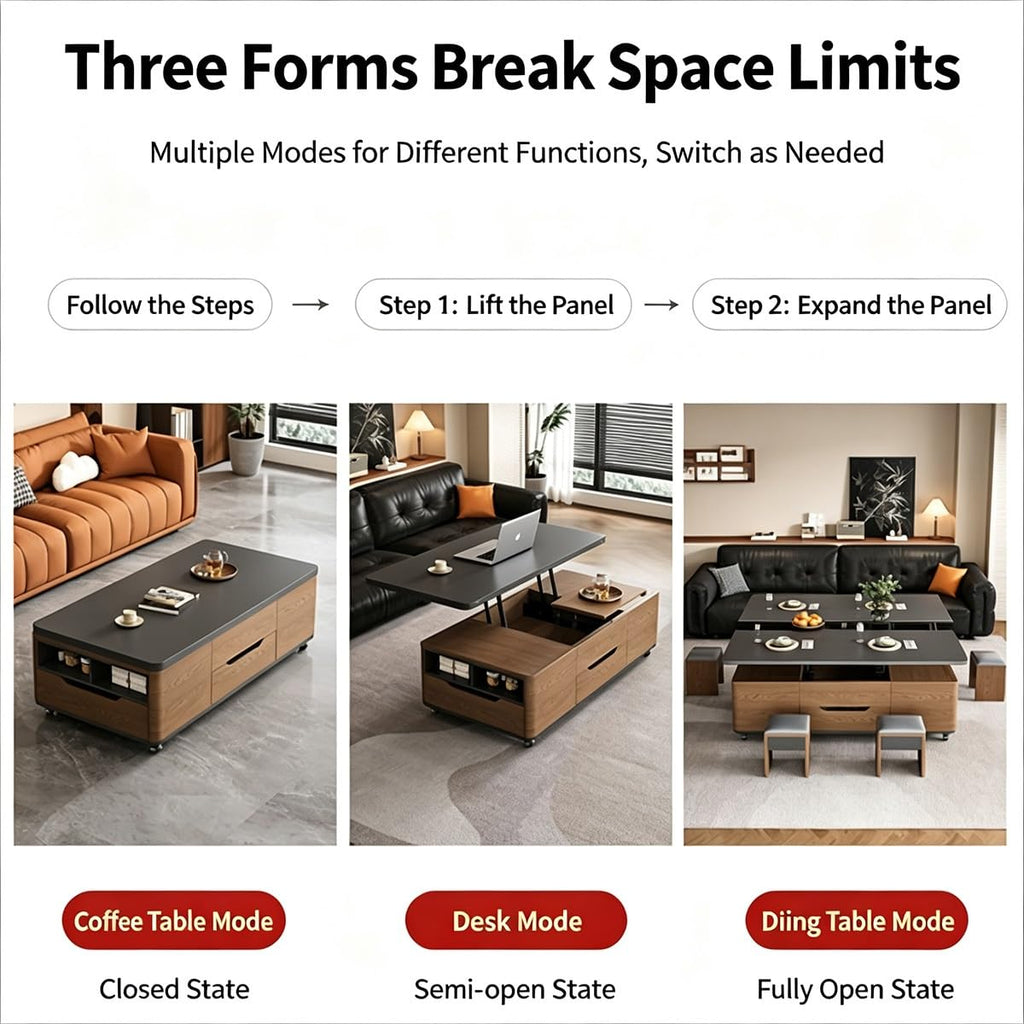 3âinâ1 LiftâTop CoffeeâTable with Storage Drawers & Rolling Casters