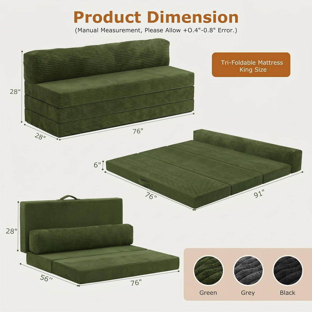 JUIKURY 6 Inch Tri-Fold Memory Foam Mattress Queen Size, 5 in 1 Convertible Sofa Bed, Foldable Floor Futon Sleeper Couch with Washable Cover & High-Density Foam, Portable Guest Bed for Living Room