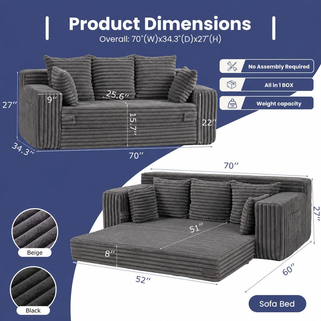 3-in-1 Convertible Sofa Bed: Boneless Loveseat Sleeper & Folding Couch Bed with 4 Pillows & Detachable Cushion, Furry Futon Couch for Bedroom, Apartment, Office and Living Room, No Assembly, Orange