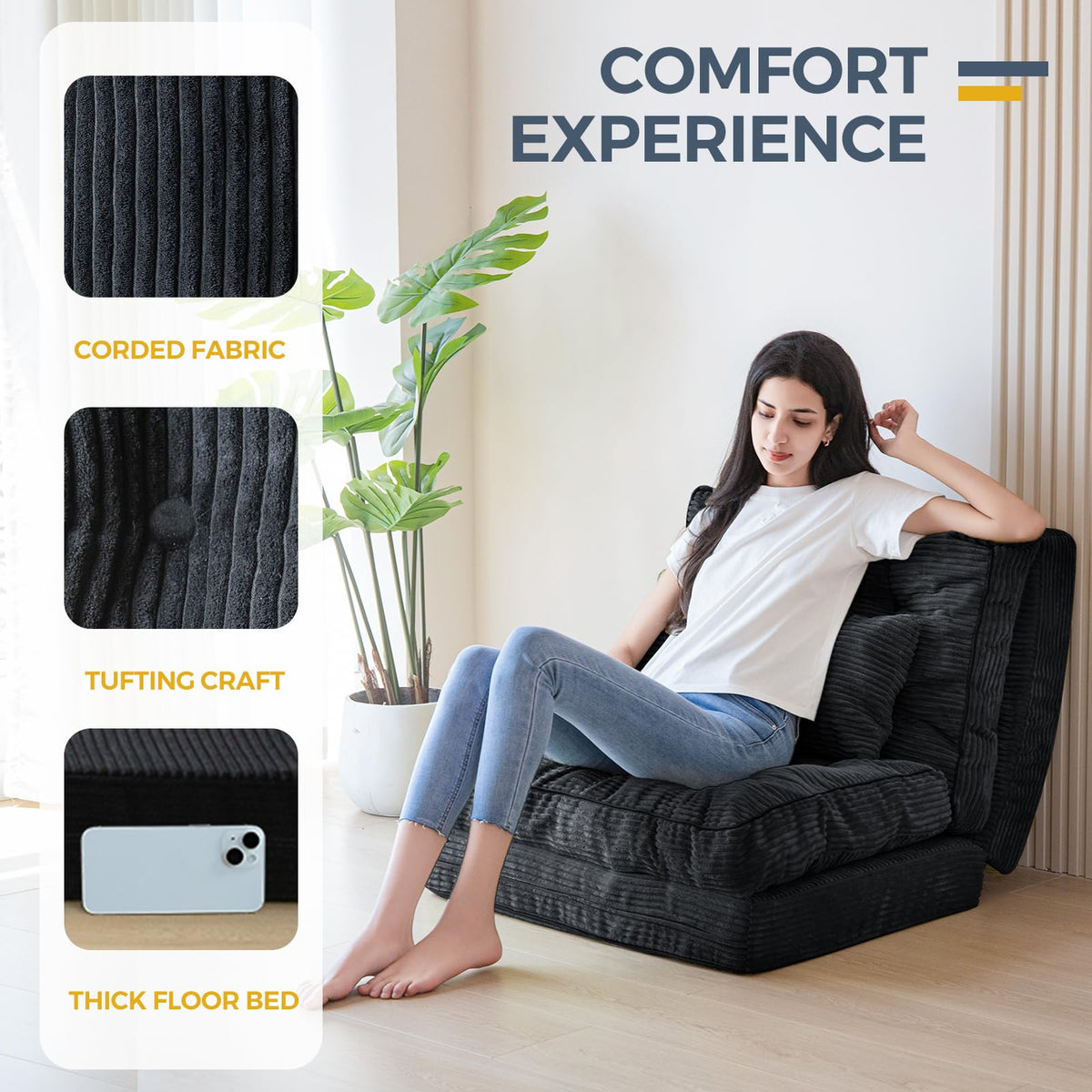 MAXYOYO Folding Sofa Bed, Extra Thick and Long Floor Sofa Convertible Chair with Washable Cover, Floor Couch Lounge Bean Bag Bed for Living Room, Dark Grey, 54x91 Inch