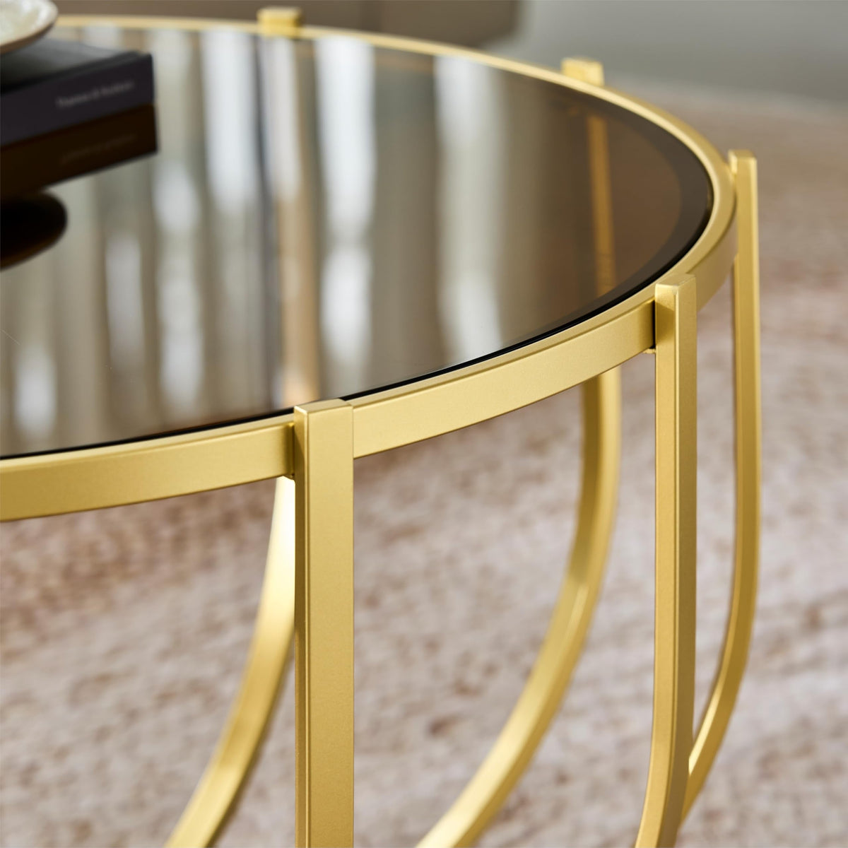 Saint Mossi Gold Round Coffee Table with Clear Glass Top and Glass Shelf