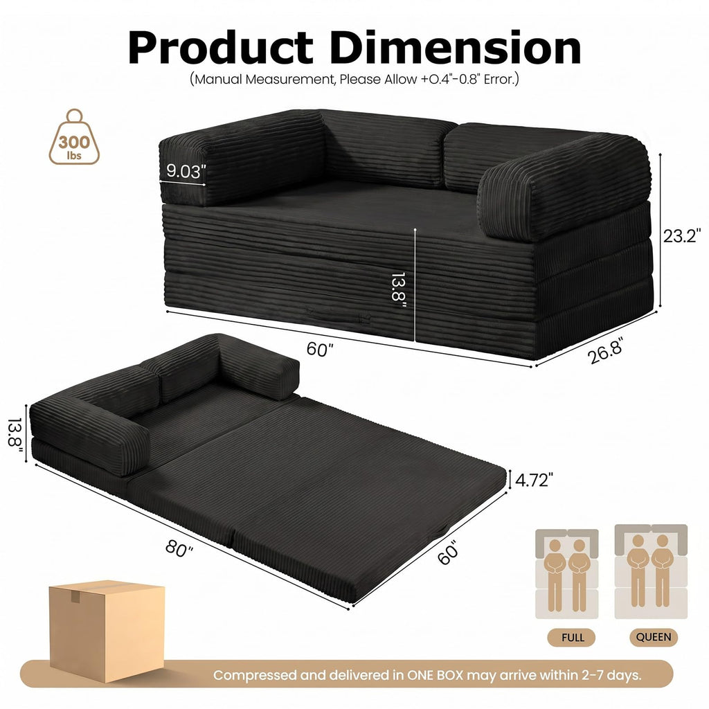 Tri-Fold Foldable Mattress, Convertible Folding Sofa Bed with Removable Arms & Washable Cover, All-in-One Portable Mattress Floor Sofa Bed, No Assembly Required & Non-Slip, Queen Size, Grey