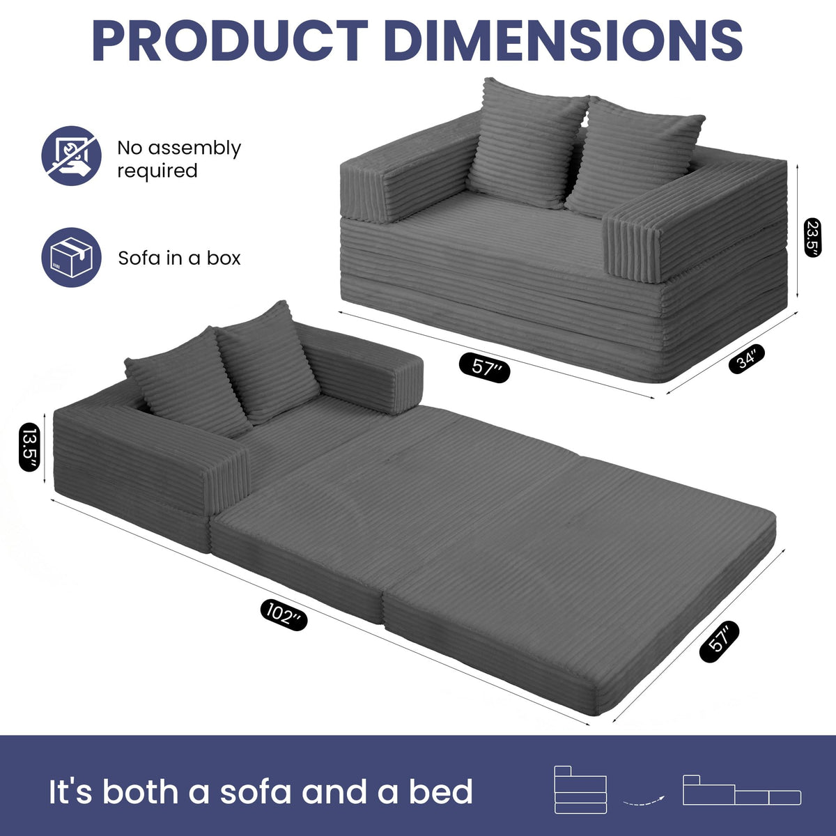 Convertible Sofa Bed, 4-in-1 Boneless Loveseat with Removable Armrests Backrest, Corduroy Futon Couch Bed with Pillow, Foldable Mattress Sleeper Sofa for Living Room Bedroom Small Place (Beige)
